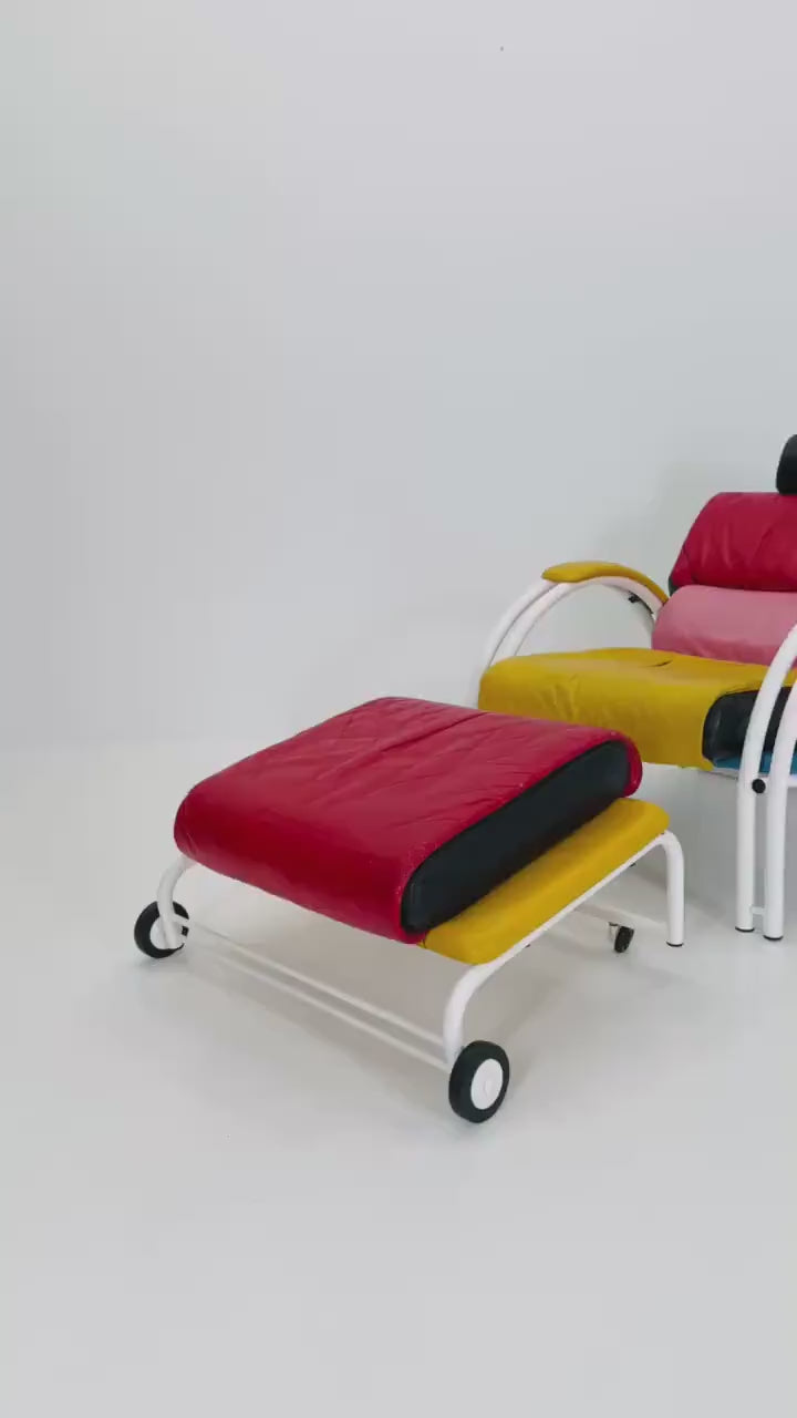 Mid Century Postmodern Memphis Style Leather Reclining Lounge Chair & Ottoman by Ettore Sottsass, Italy 1980s