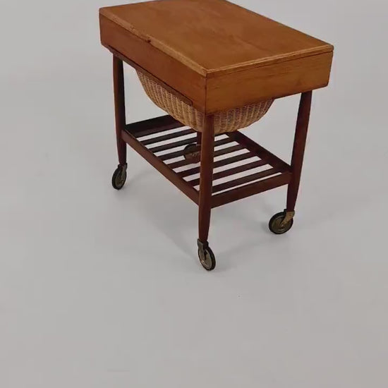 Vintage Danish  teak and rattan sewing table/ side table cabinet By Ejvid A.johansson for Uitze  , 1960s