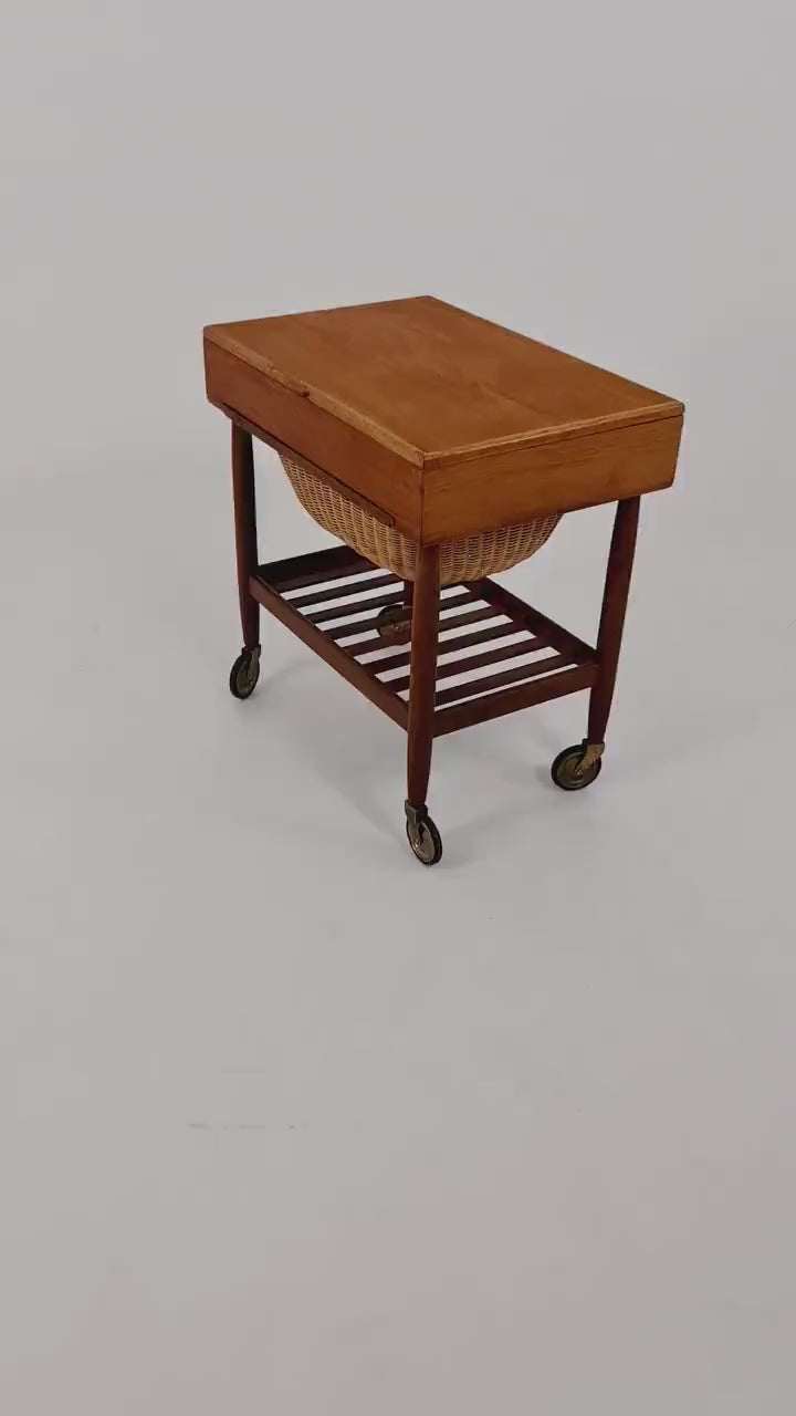 Vintage Danish  teak and rattan sewing table/ side table cabinet By Ejvid A.johansson for Uitze  , 1960s