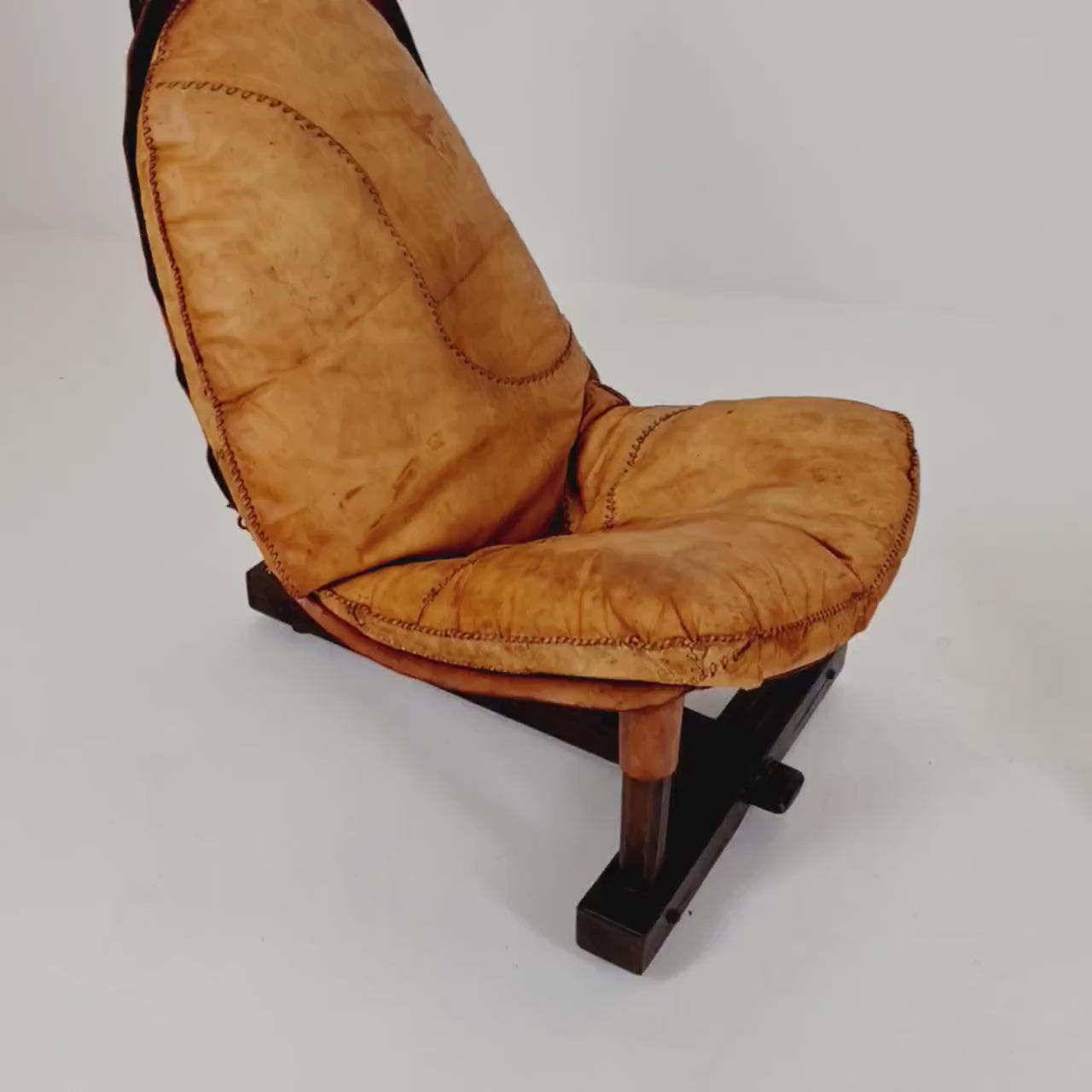 Brutalist Cognac Leather Brazilian Chair and Ottoman 1960s