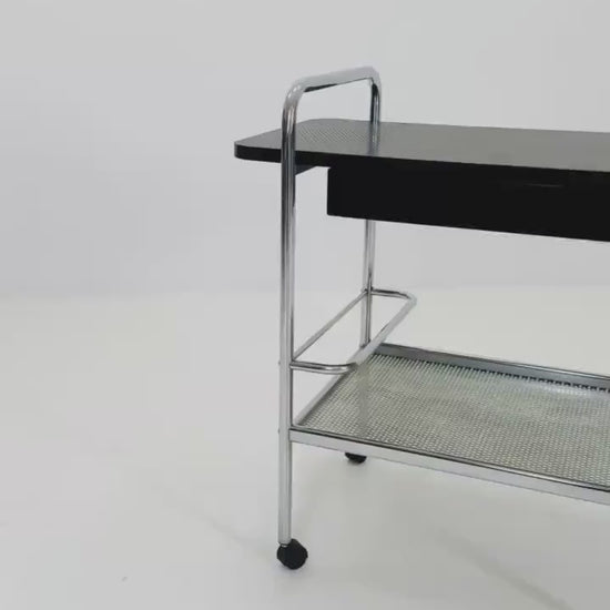 Mid Century Bauhaus Bar Cart,  Tubular Chrome & Black Serving Trolley 1980s Germany