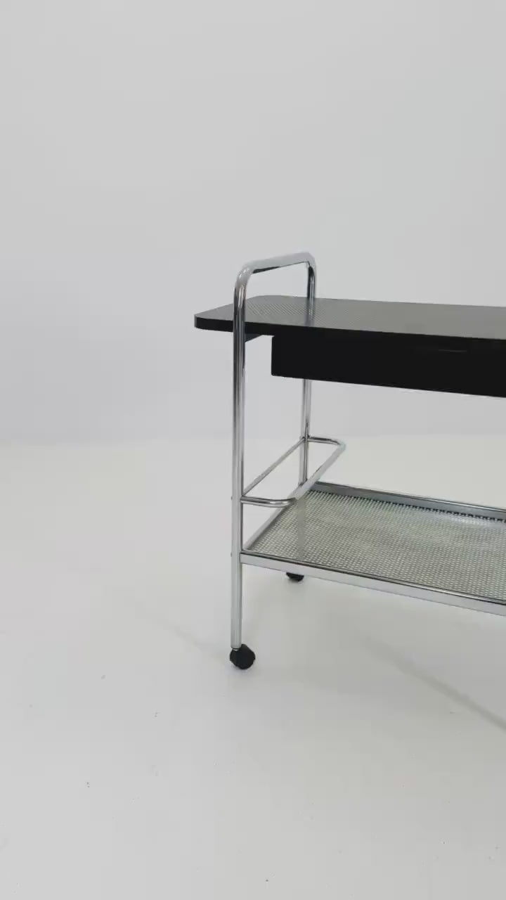 Mid Century Bauhaus Bar Cart,  Tubular Chrome & Black Serving Trolley 1980s Germany