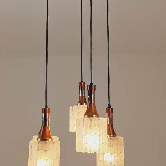 Rosewood and glass pendant lamp, Doria light fixture, with five Murano textured glass tube pendants, 1970s