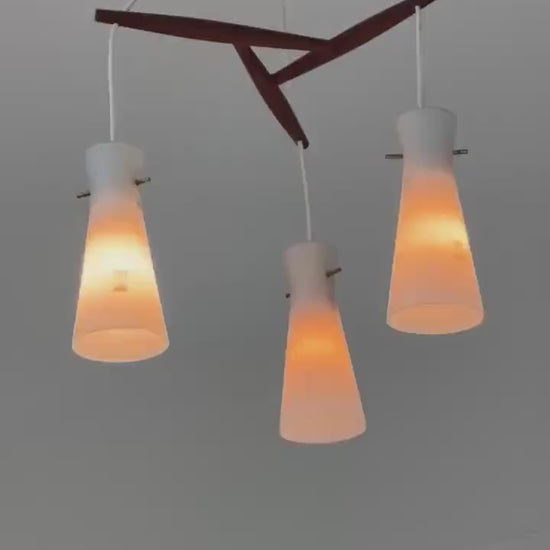 Mid century 3-Arms Teak pendant lamp and opal glass Denmark 1960s