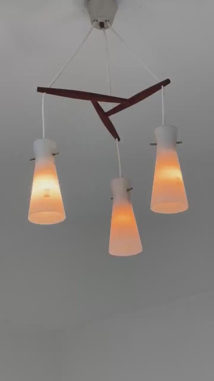 Mid century 3-Arms Teak pendant lamp and opal glass Denmark 1960s