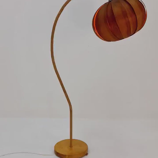Rare Midcentury vintage gooseneck floor lamp Danish paper cord with big veneer shade by Marksljöd Sweden, 1940s