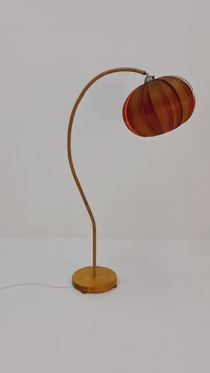 Rare Midcentury vintage gooseneck floor lamp Danish paper cord with big veneer shade by Marksljöd Sweden, 1940s