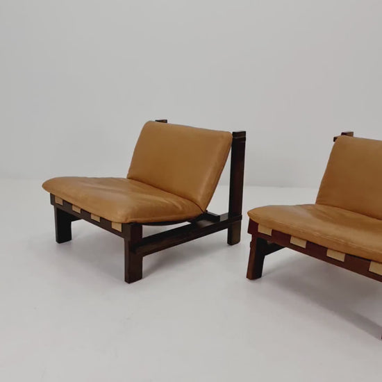 1 of 2 mid century armchairs in leather and wood By Carl  Straub Germany , 1960s