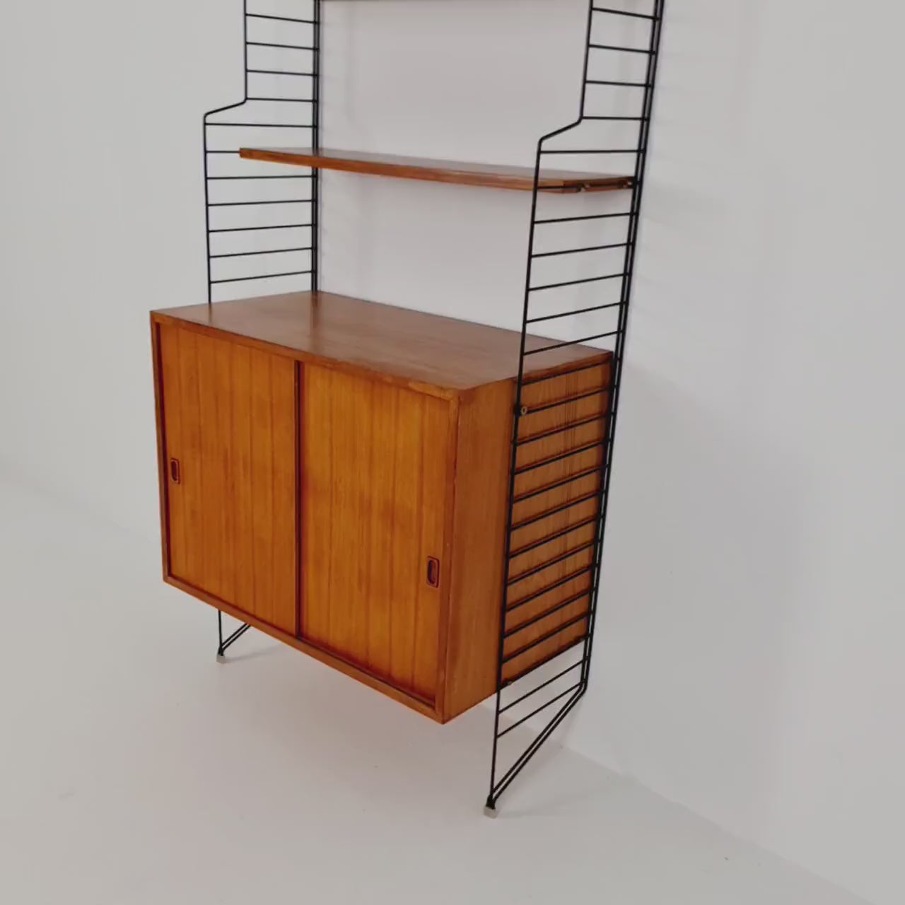 Wall-mounted original Swedish string shelf-system, drawers, bookcase teak wood by Nils & Kajsa Strinning, 1960s