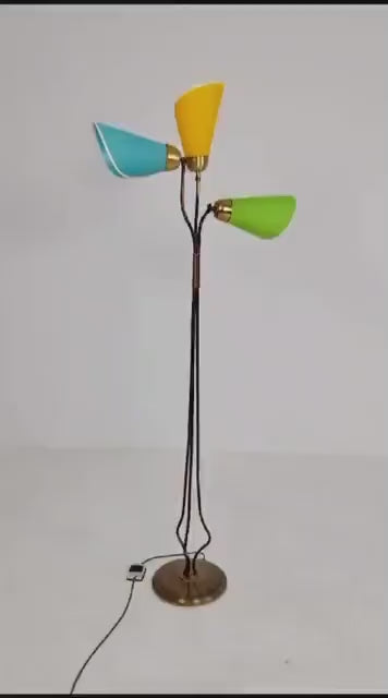 German modern three flex arms brass floor lamp, tütenlampe, 1950s