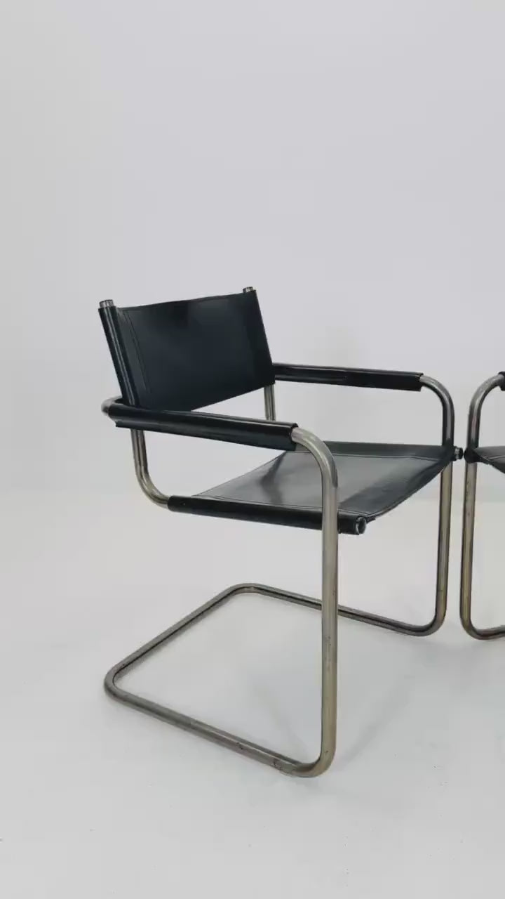 Set of 2 Mid century Bauhaus B34 black leather cantilevered chairs by Mart Stam for Jox Interni  italy 1980s