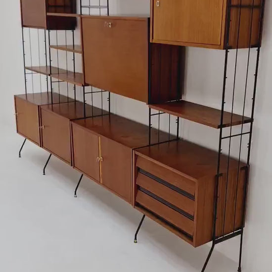 Freestanding string shelf-system unit bookcase teak & metal by Silverschild Germany, 1950s