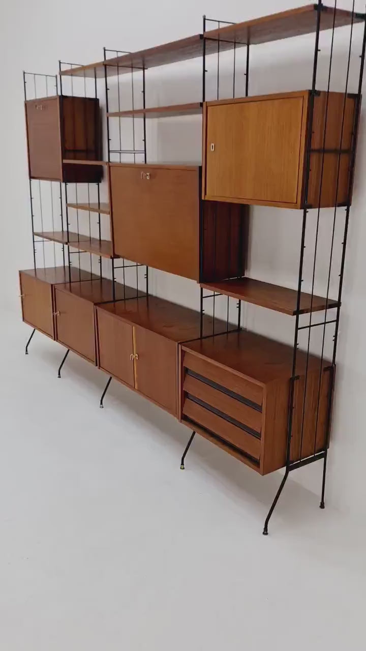 Freestanding string shelf-system unit bookcase teak & metal by Silverschild Germany, 1950s