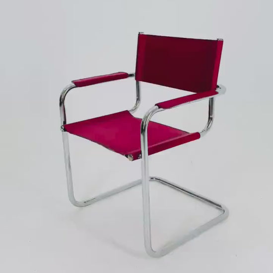 Mid Century iconic Mart Stam S34 armchair / Bauhaus chrome tube steel and burgundy faux leather / 80s vintage cantilever chair  italy
