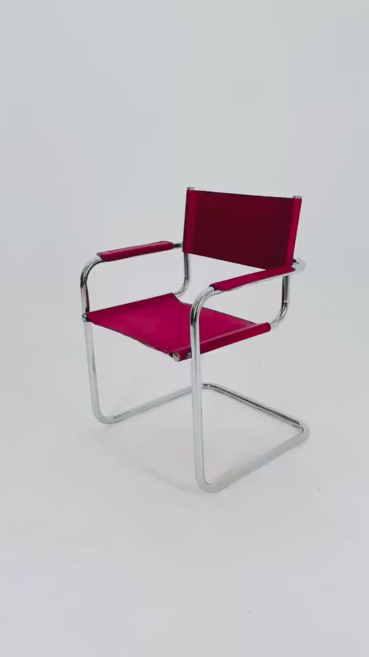 Mid Century iconic Mart Stam S34 armchair / Bauhaus chrome tube steel and burgundy faux leather / 80s vintage cantilever chair  italy