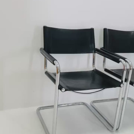 Set of 4 Mid century B34 Matteo Grassi Mg5 black leather cantilever chairs by Mart Stam italy 1980s