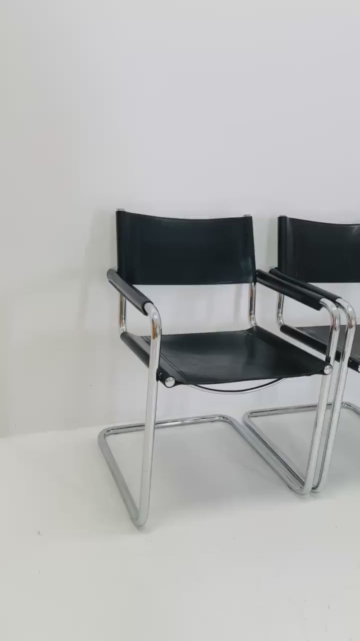Set of 4 Mid century B34 Matteo Grassi Mg5 black leather cantilever chairs by Mart Stam italy 1980s
