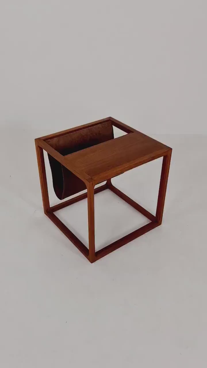 Midcentury Danish teak side table with Magazine Leather Pouch by Aksel kjersgaard  1960s