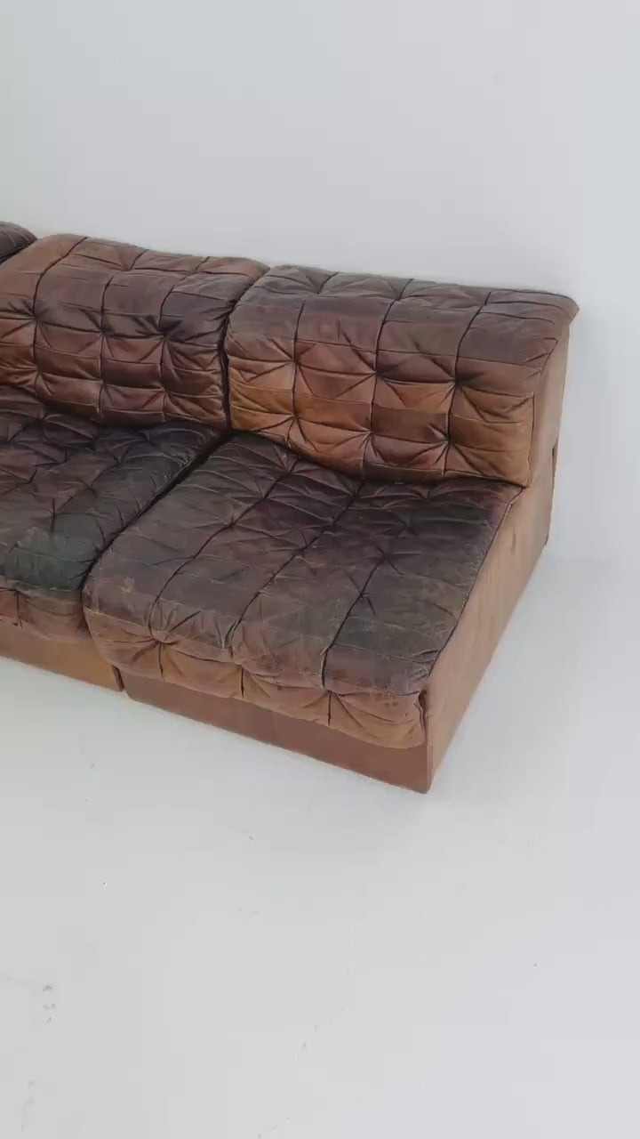 Set of 6 Mid Century DS11 Modular Patchwork Leather Sofa by De Sede, Switzerland, 1970s