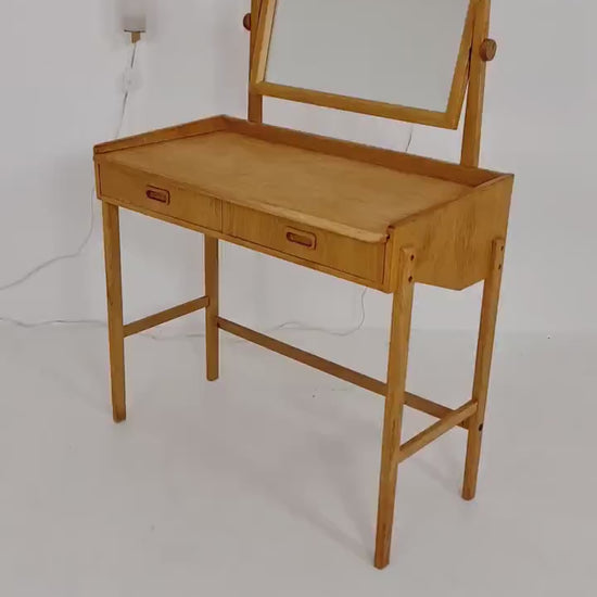 Mid Century Modern Danish Oak vanity table/ make up with mirror and 2 solid oak Luxus wall lamps,  1960s