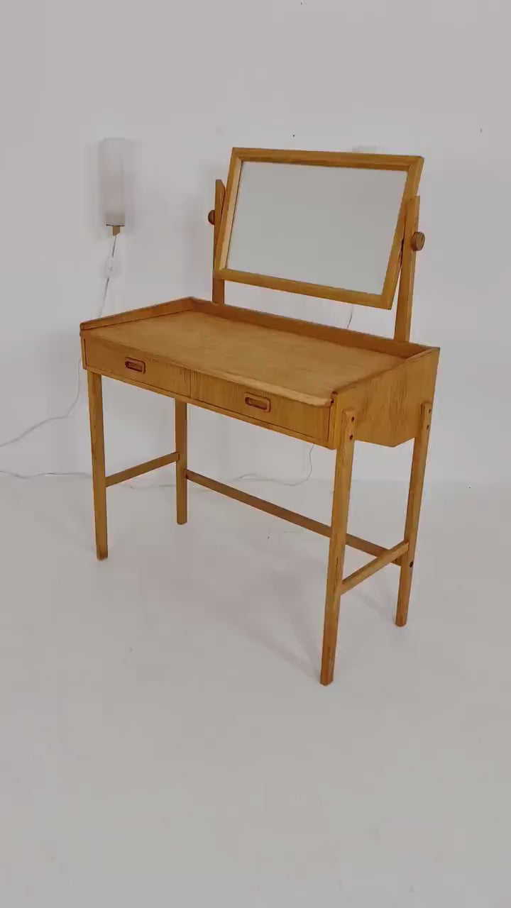 Mid Century Modern Danish Oak vanity table/ make up with mirror and 2 solid oak Luxus wall lamps,  1960s